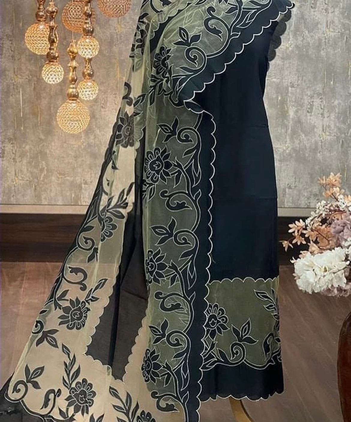 ATHARVA Cutwork Embroidery Salwar Kameez/Chanderi Cut-Work Shirt & Dupatta/Santoon Bottom/Custom Stitch Unstitch/Plazo/Pant/CUT81061 Black