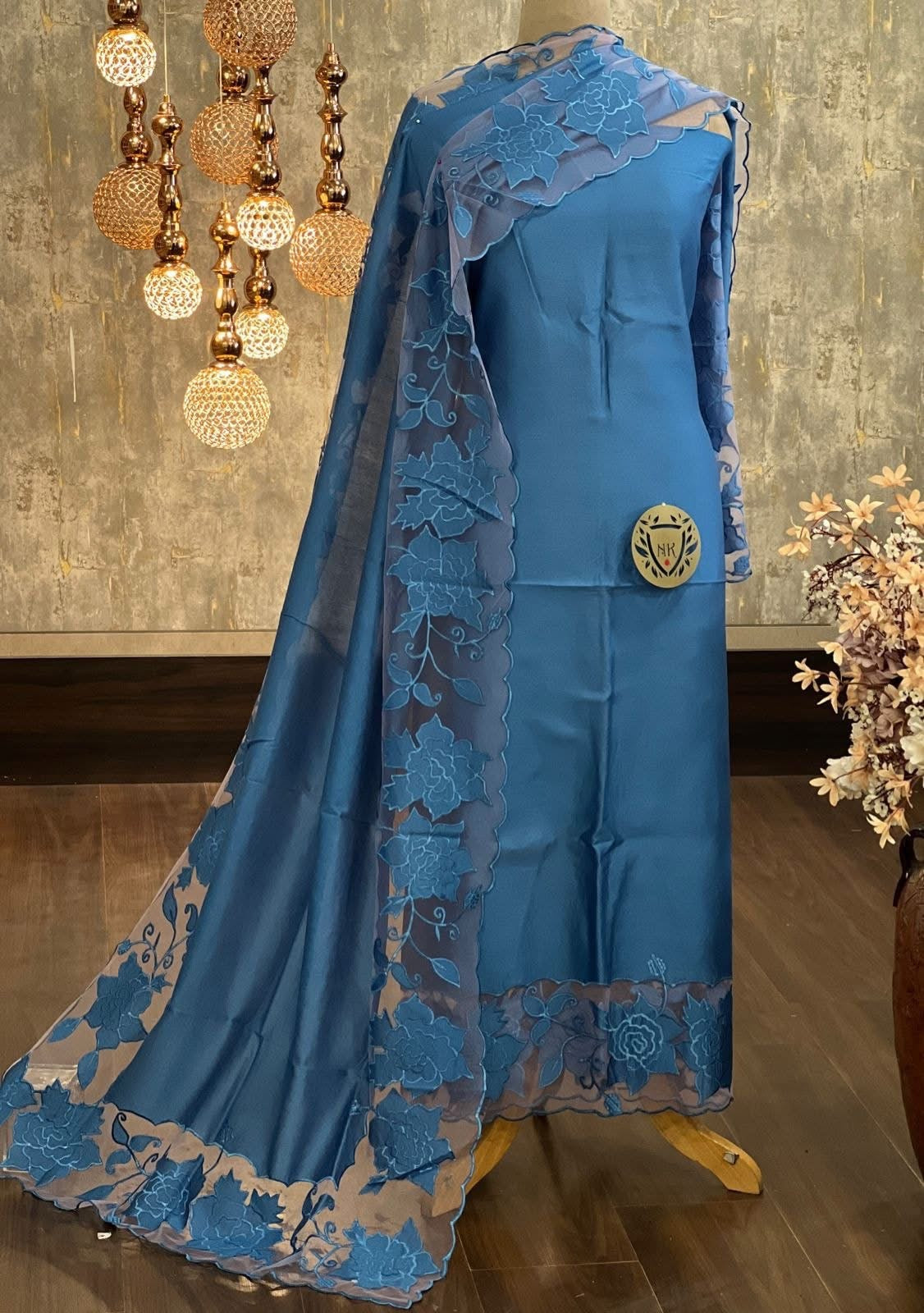 ATHARVA HERITAGE Hand CUTWORK Embroidery Salwar Kameez/Pure Mul Chanderi Cut-Work Shirt & Dupatta/Santoon Bottom/Custom Stitch Unstitch/Plazo/Pant/CUT80359 Blue