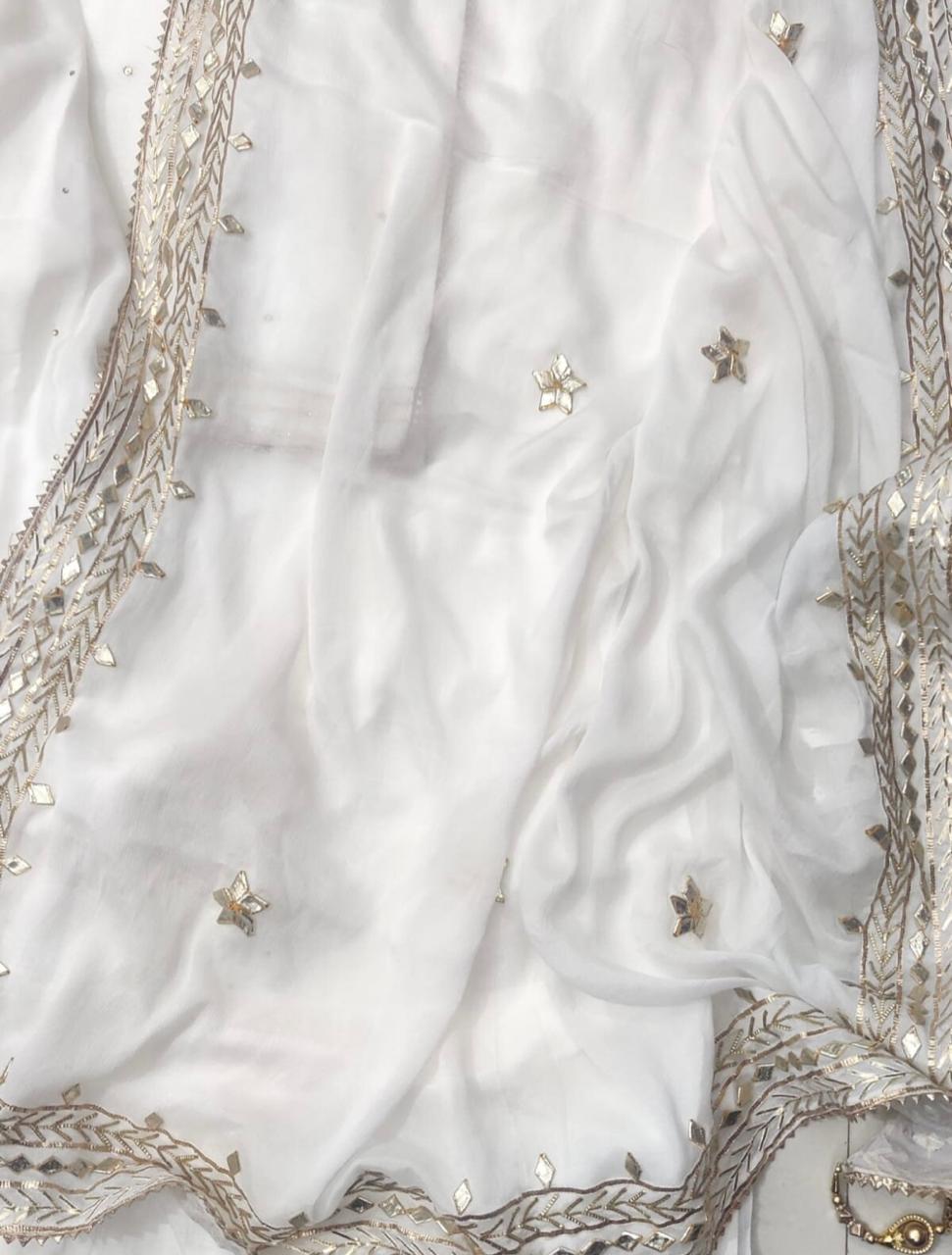 ATHARVA Hand Embroidery Salwar Kameez /Silk Organza Dupatta With Stunning Gota & Trim/Custom Stitch Unstitch/Gift/Patiala/Anarkali/Churridar/CH17314 Pearl white