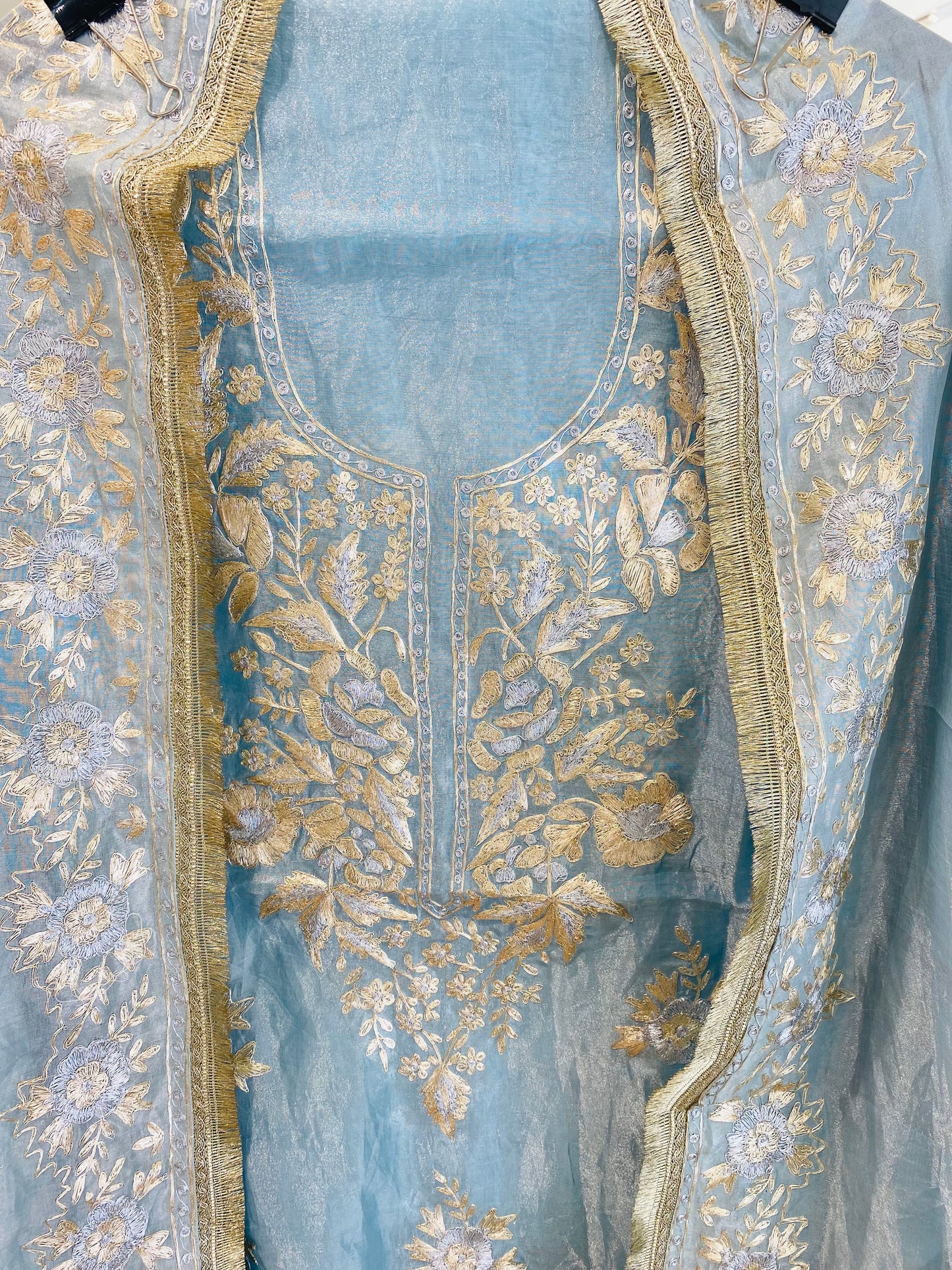 Husn ICE BLUE DAIMOND TISSUE INTRICATELY HAND WOVEN /MAHARANI LUXURY TISSUE SILK SUIT MTC009(Blue)