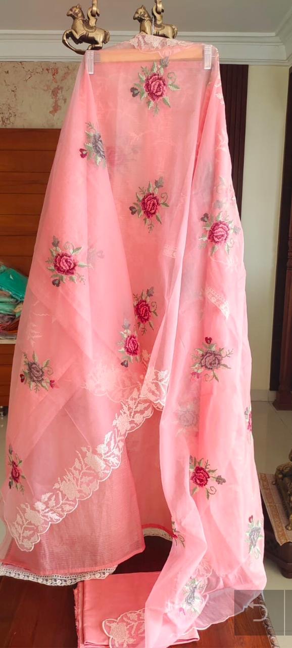 Atharva Embroidered Cotton Kota Salwar Kameez/Embroidery organza Dupatta/Cotton kota Embroidery Shirt Pink/Cotton Chikankari Bottom- KK00213