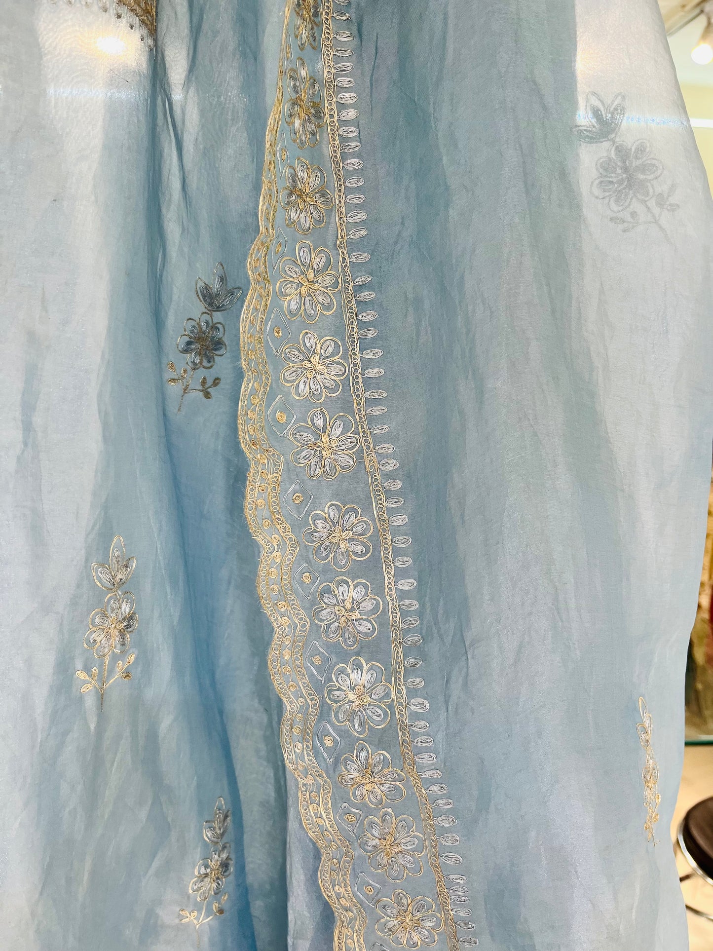 Husn ICE BLUE Handwoven TISSUE INTRICATELY HAND WOVEN /MAHARANI LUXURY TISSUE SILK SUIT MTC0025(Blue)