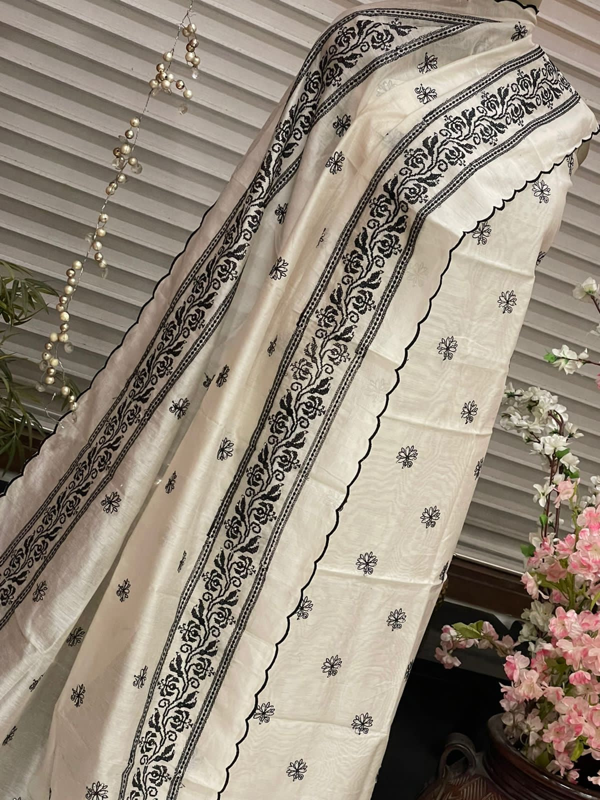 PURE CHANDER SILK PARSI GARA SUIT with Cutwork on width CH5418 Black and white