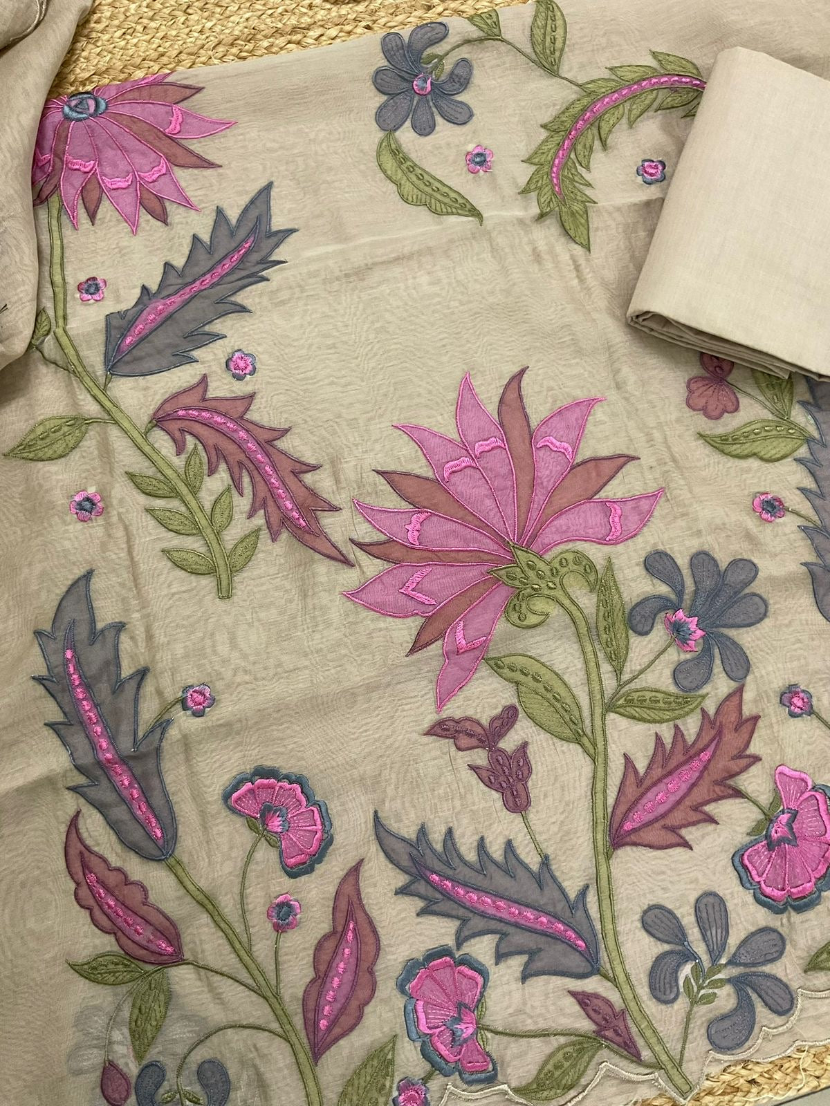 Atharva Heritage/Pure Mul Chanderi Shirt & Dupatta/ Hand Applique/Cutwork with Thread Embroidery/Cotton Silk Bottom/CUT80391