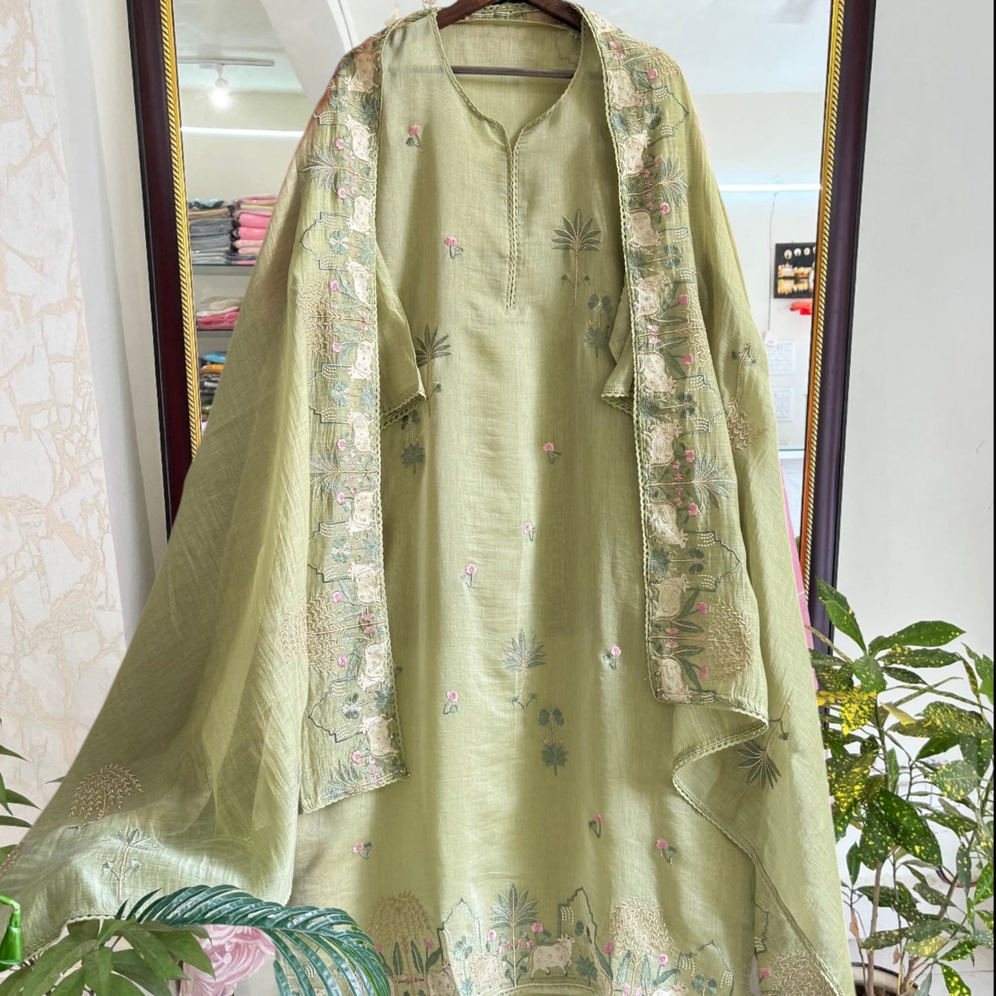 Atharva Frech Thread Pichwai motifs Embroidered Pure Mul Chanderi Hand woven edits MC70015PS Pista
