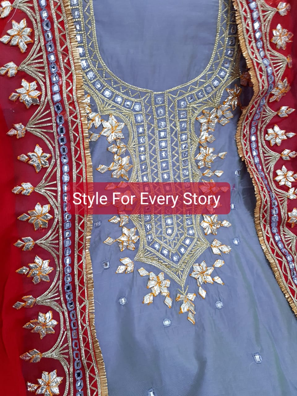 ATHARVA Hand Embroidered Salwar Kameez w/Bottle English Grey n Red Chanderi Shirt/Gota Pati Chiffon Dupatta/Custom Stitch Unstitch/Custom Anarkali/CH18012