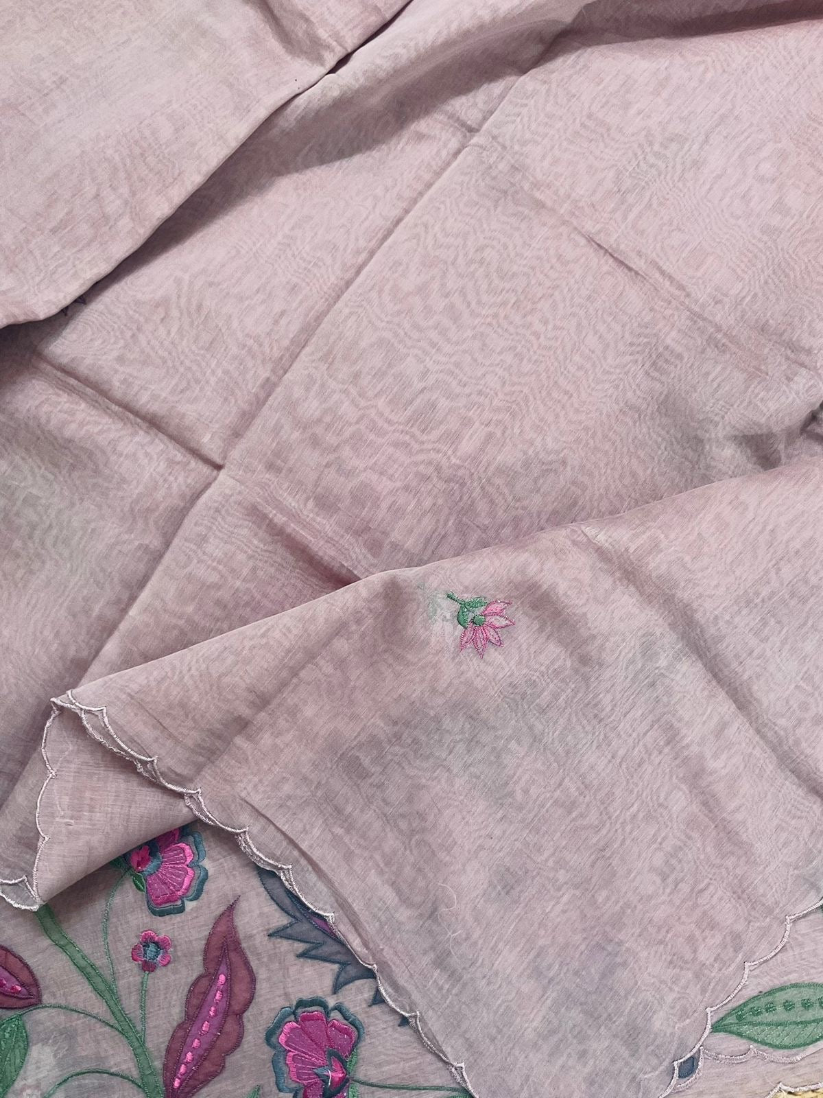 Atharva Heritage/Pure Mul Chanderi Shirt & Dupatta/ Hand Applique/Cutwork with Thread Embroidery/Cotton Silk Bottom/CUT80390