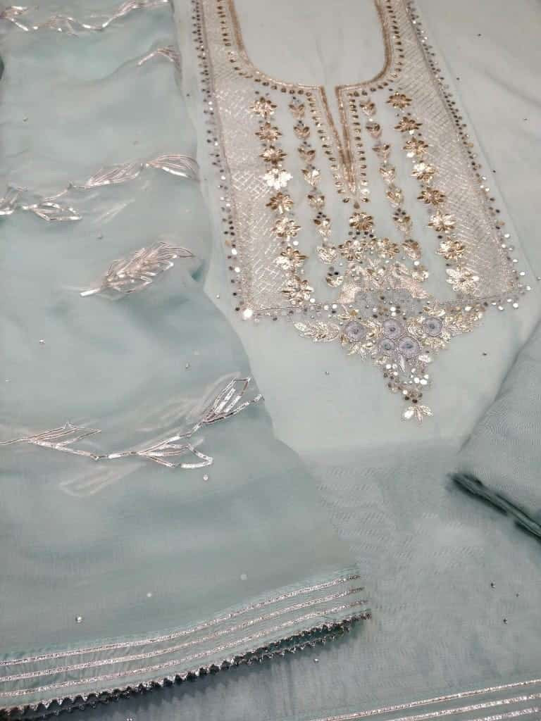 ATHARVA Hand Embroidery Salwar Kameez /Chiffon Dupatta With Stunning Gota & Trim/Custom Stitch Unstitch/Gift/Patiala/Anarkali/Churridar/CH17318 Powder Blue