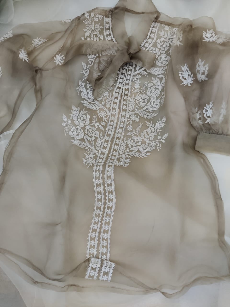 Atharva Heritage Sheer Luxury Silk Organza Lucknowi Semi Stitched Top SLT001I