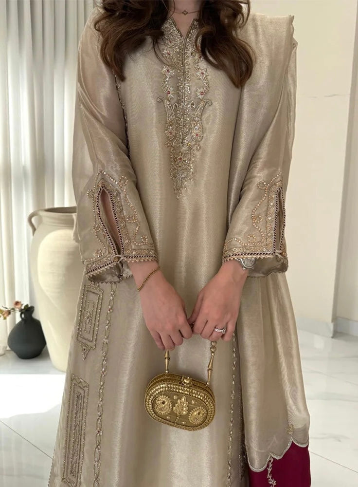Pure Handwoven 80g Tissue Silk Pakistani Suit – Water Gold Elegance (Custom Stitched & Unstitched)