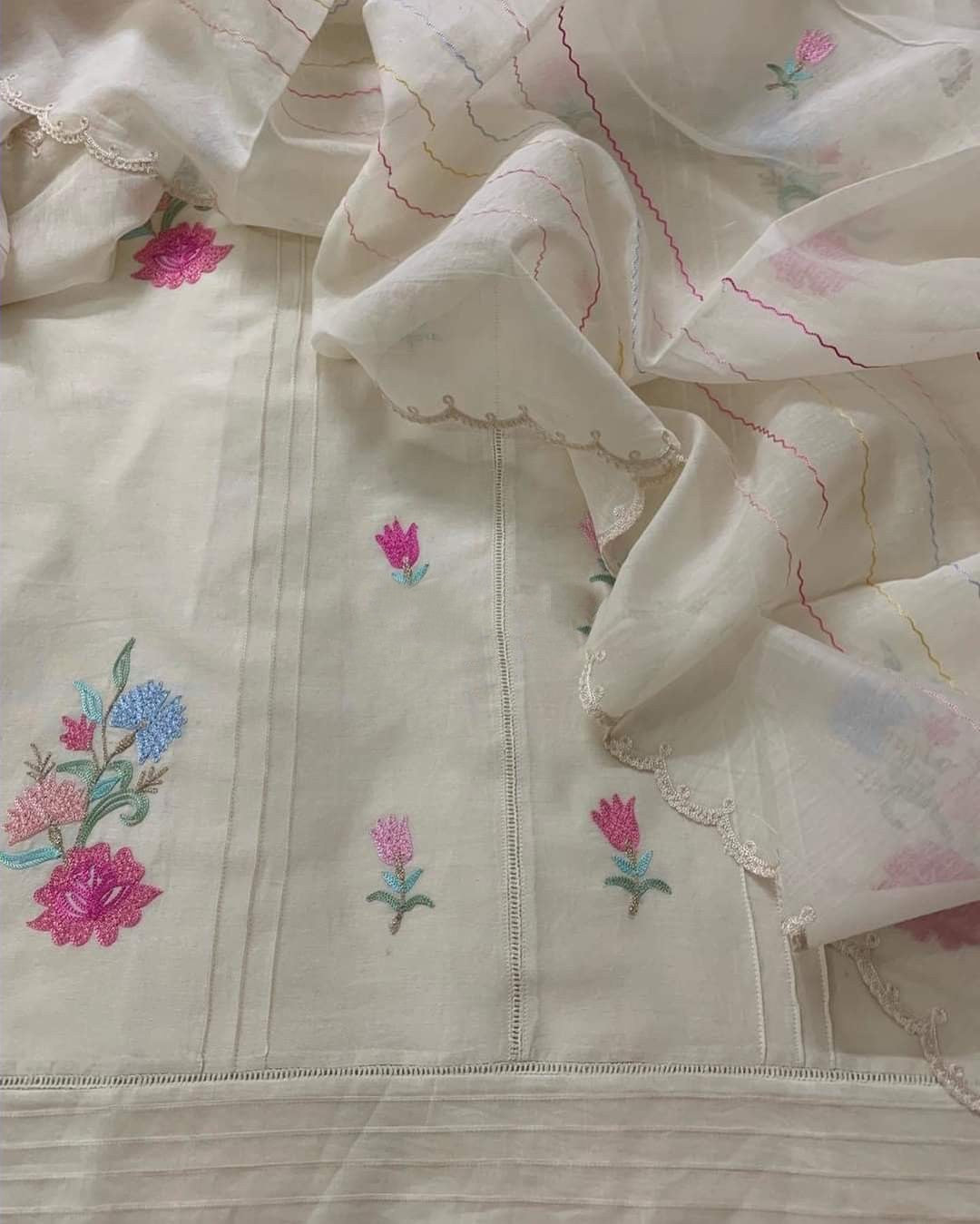 PURE CHANDERI SILK KASHMIRI AARI SUIT CH5439 Ivory