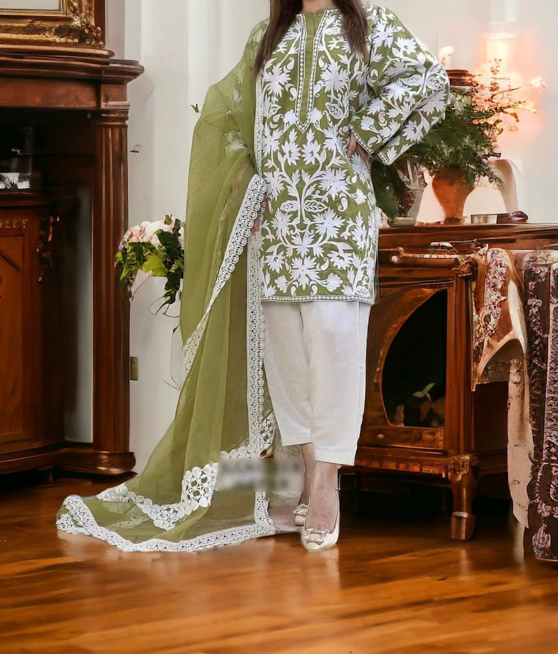 ATHARVA Stitched Applique Salwar Kameez/Chanderi Applique Shirt & Silk organza Dupatta/Santoon Bottom/Custom Stitch Unstitch/Plazo/Pant/CUT8111