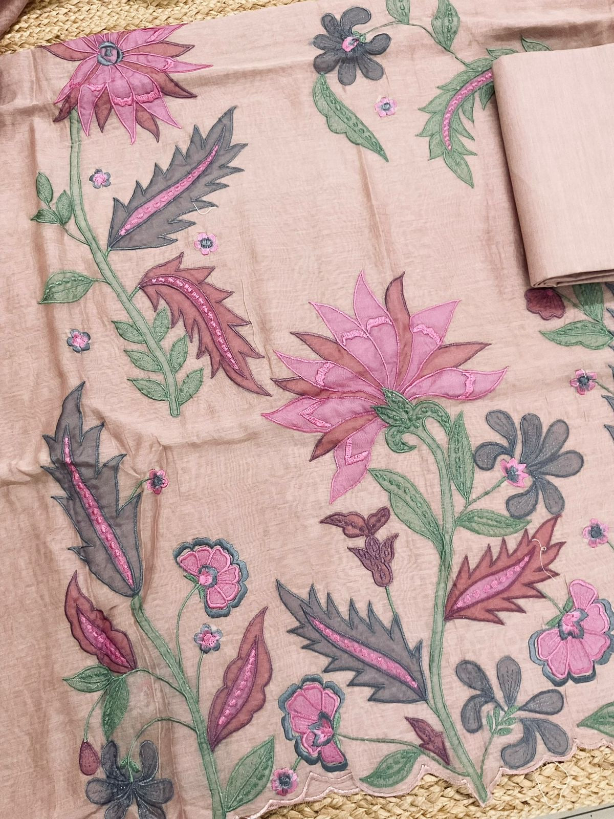 Atharva Heritage/Pure Mul Chanderi Shirt & Dupatta/ Hand Applique/Cutwork with Thread Embroidery/Cotton Silk Bottom/CUT80392