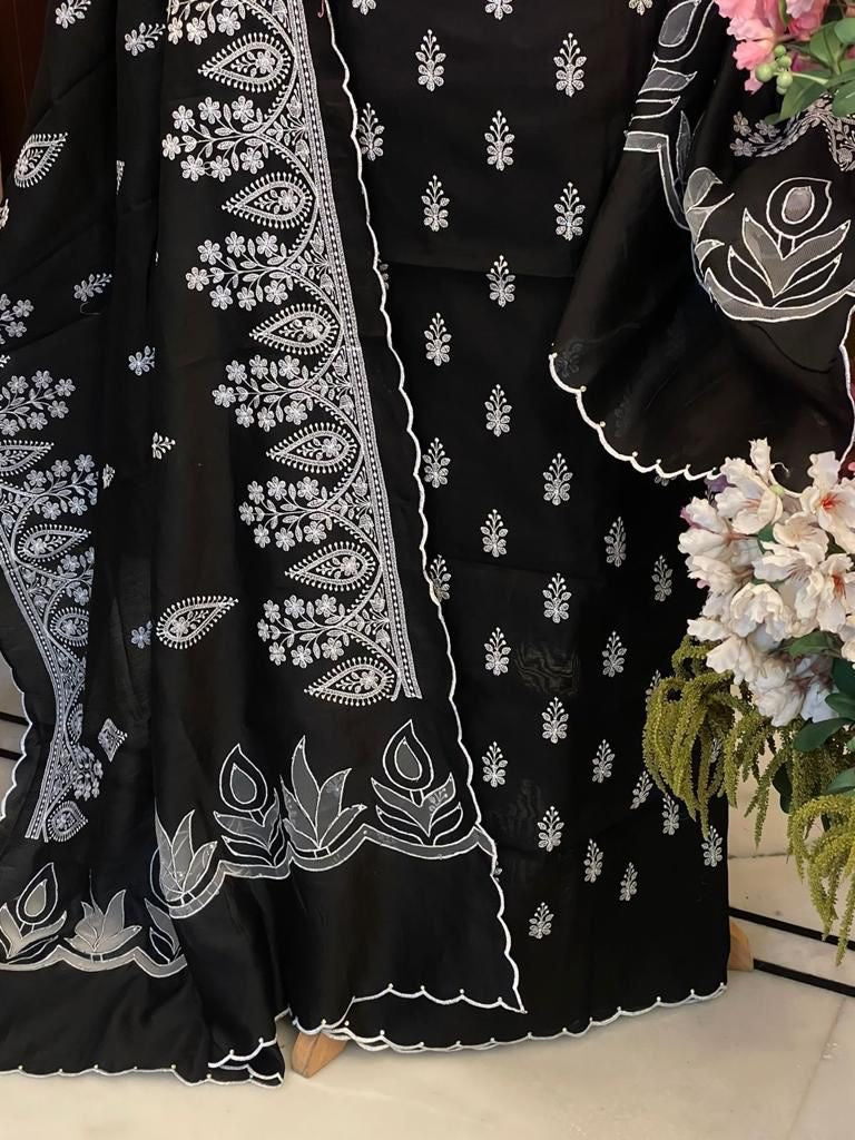 PURE CHANDER SILK PARSI GARA SUIT with Cutwork on width CH5419 Black and white