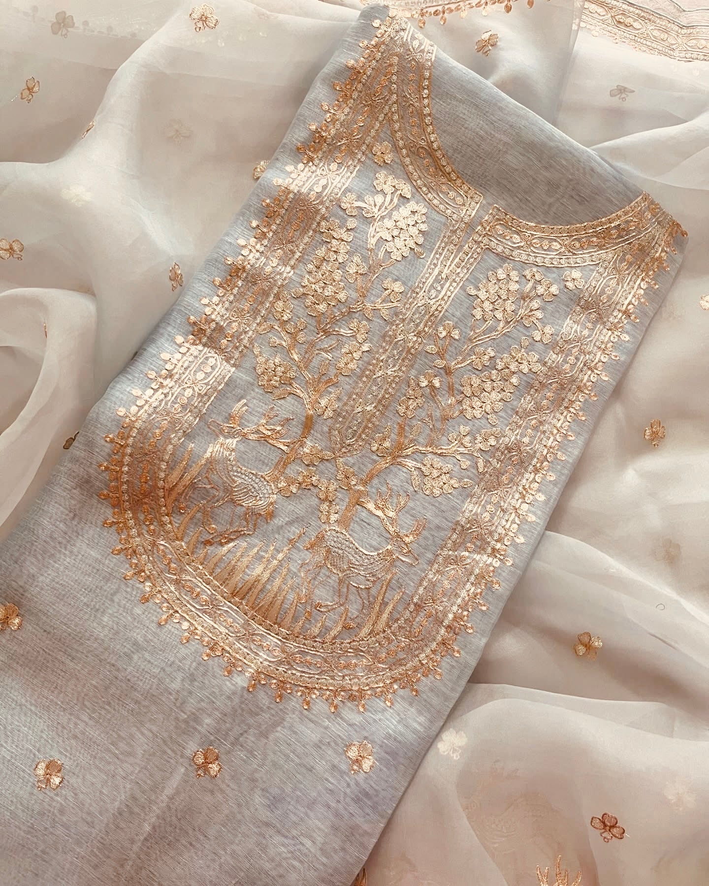 MAHARANI LUXURY CHANDERI SILK 70 GRAMS KURTA /PURE SILK ORGANZA DUPATTA PITA EMBROIDERY SUIT MCCH0017 Ivory