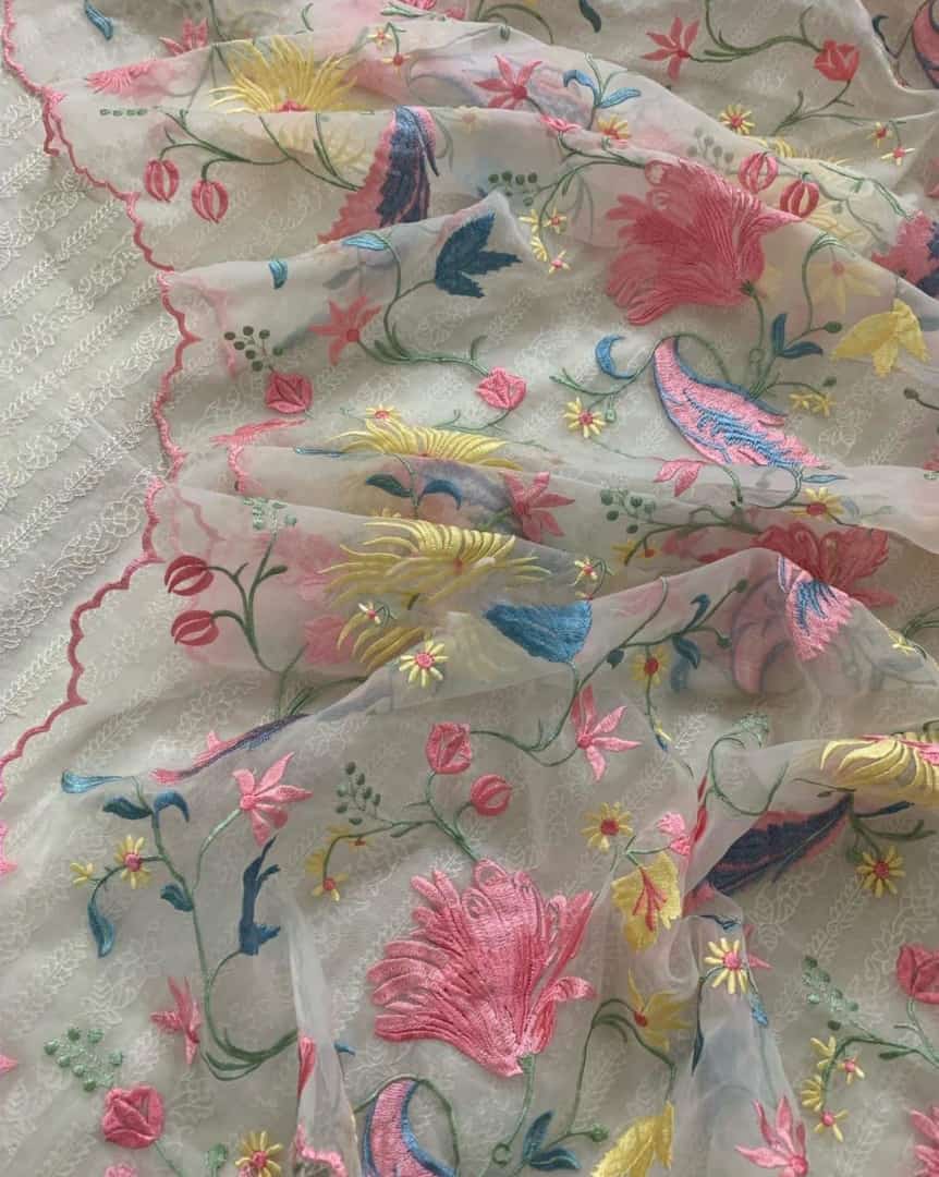 PURE CHANDERI Silk 70 Grams kurta /Pure Silk Organza Dupatta PARSI GARA UNSTITCHED SUIT CH54230