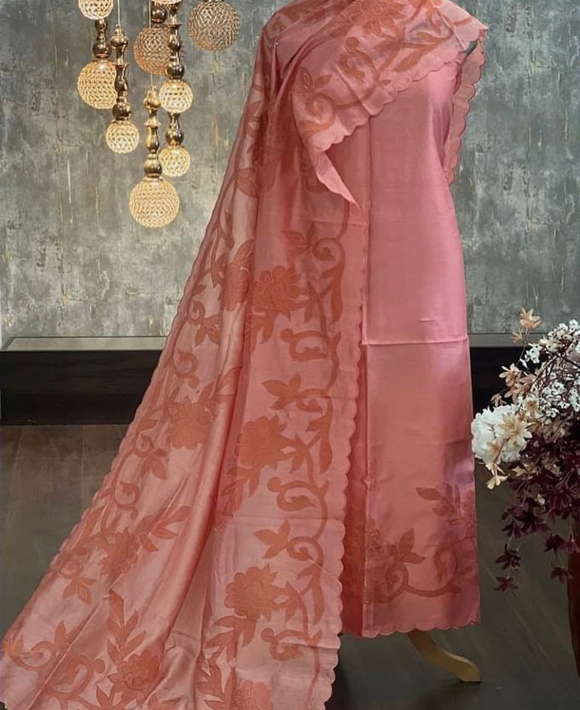 ATHARVA Cutwork Embroidery Salwar Kameez/Chanderi Cut-Work Shirt & Dupatta/Santoon Bottom/Custom Stitch Unstitch/Plazo/Pant/CUT81064 Peach