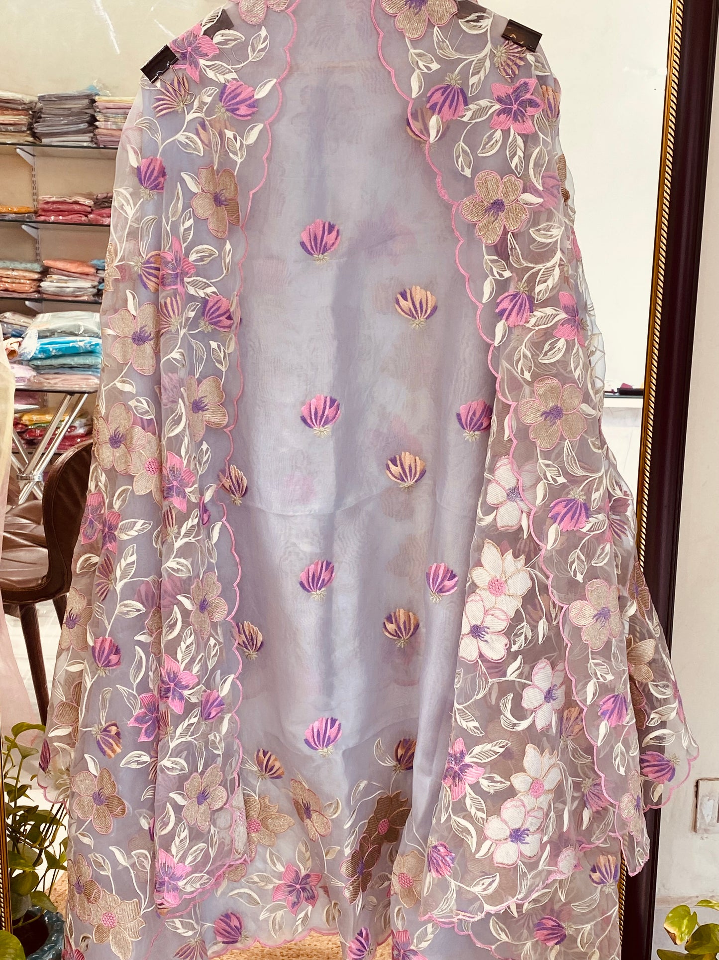 SHEER LUXURY PURE SILK ORGANZA PARSI APPLIQUE SUIT SHEER0031 English Grey