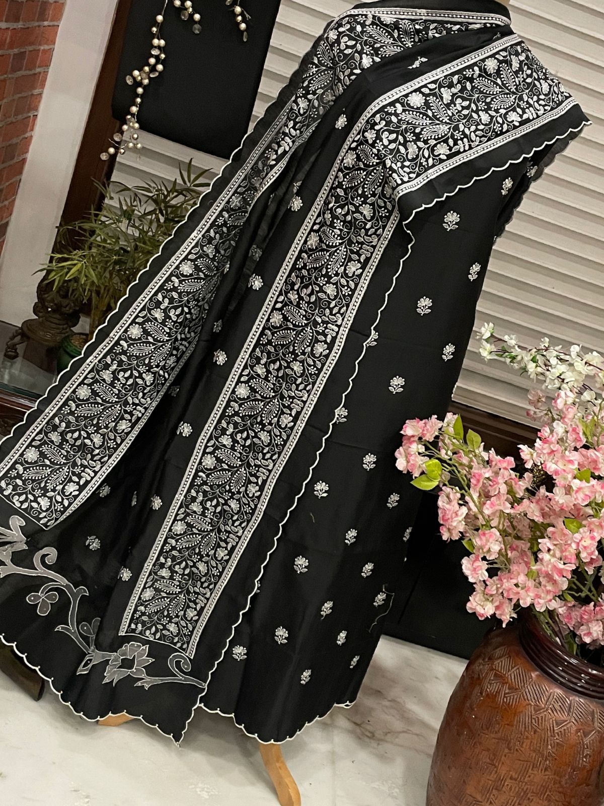 PURE CHANDER SILK PARSI GARA SUIT with Cutwork on width CH5417 Black and white
