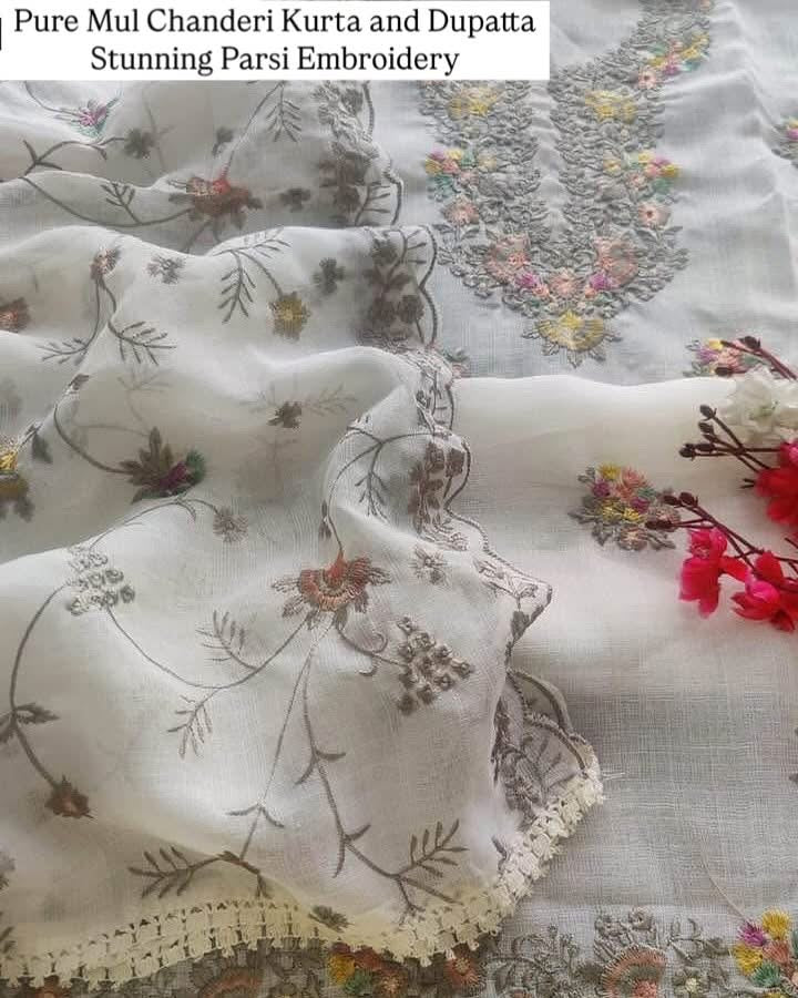 PURE MUL CHANDERI kurta AND Dupatta PARSI GARA with STUNNING ZARI DETAILING UNSTITCHED SUIT CH54235 Ivory