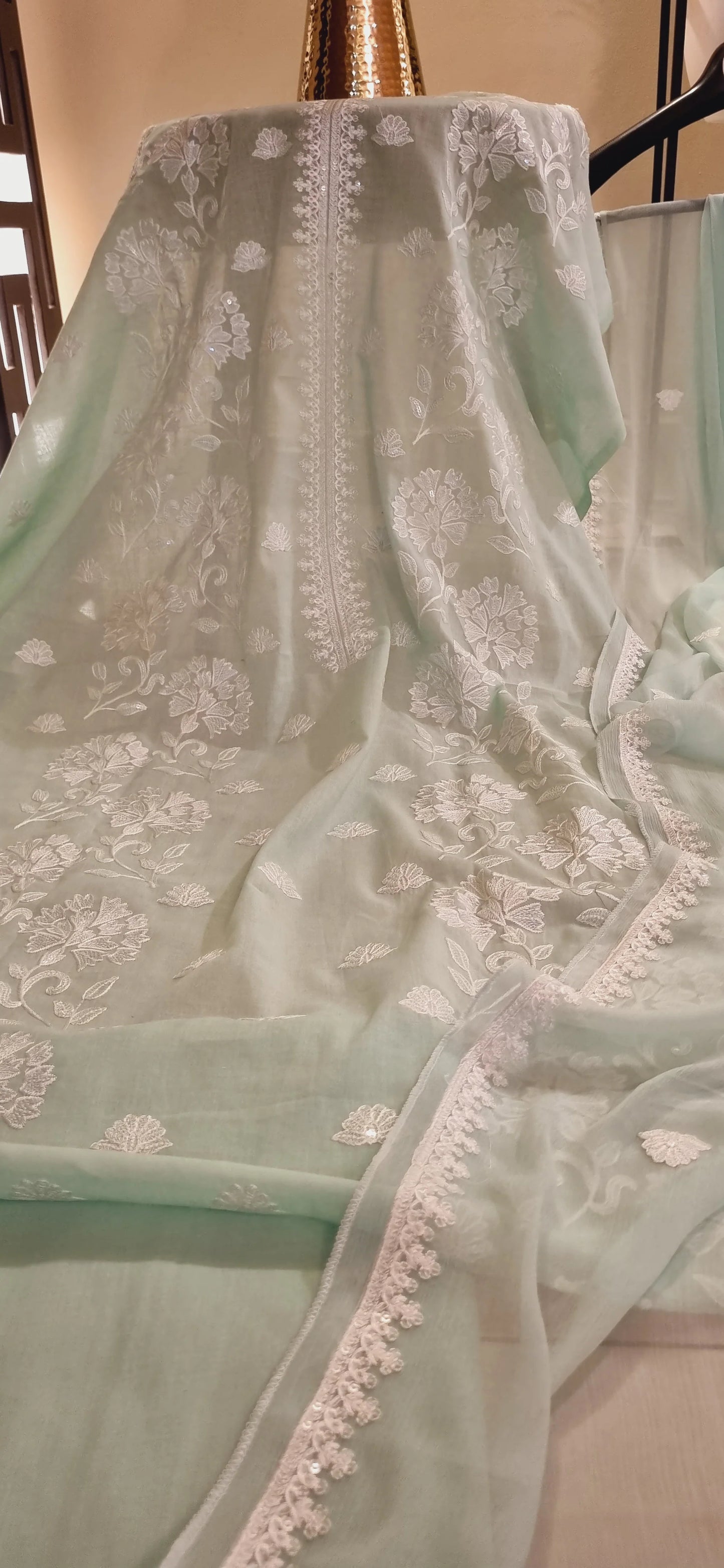 Pure Mul Chanderi Kurta/Pure Chiffon Dupatta / French Thread Embroidered SUIT CHO00159 Mint