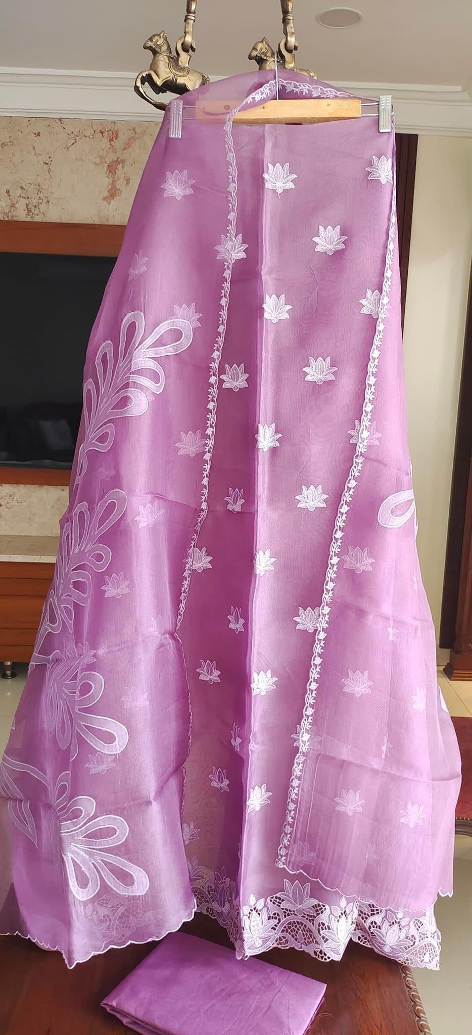 Atharva Heritage/SHEER LUXURY PURE SILK ORGANZA APPLIQUE SUIT SHEER0011LAVENDER