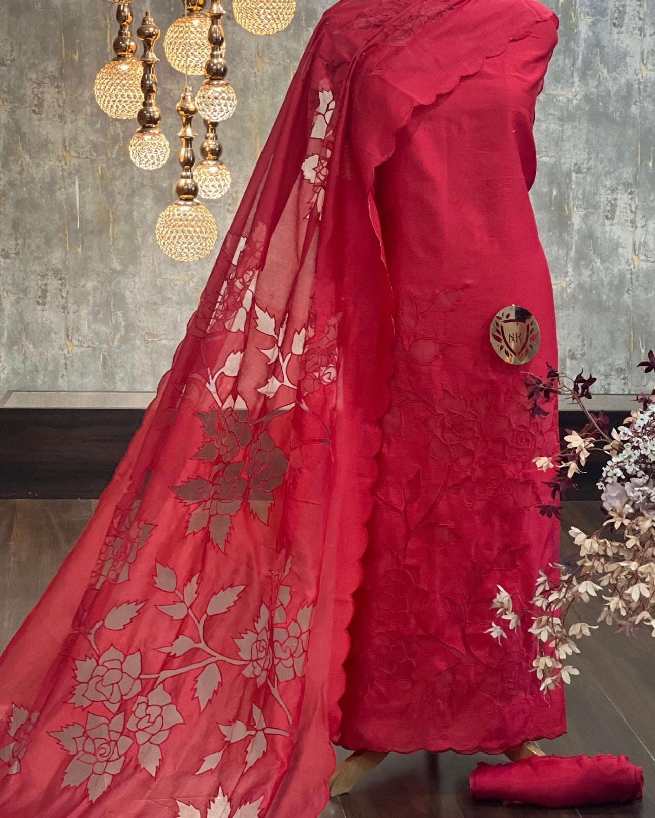 ATHARVA HERITAGE Hand CUTWORK Embroidery Salwar Kameez/Pure Chanderi Shirt & Dupatta/Santoon Bottom/CUT80366 Red