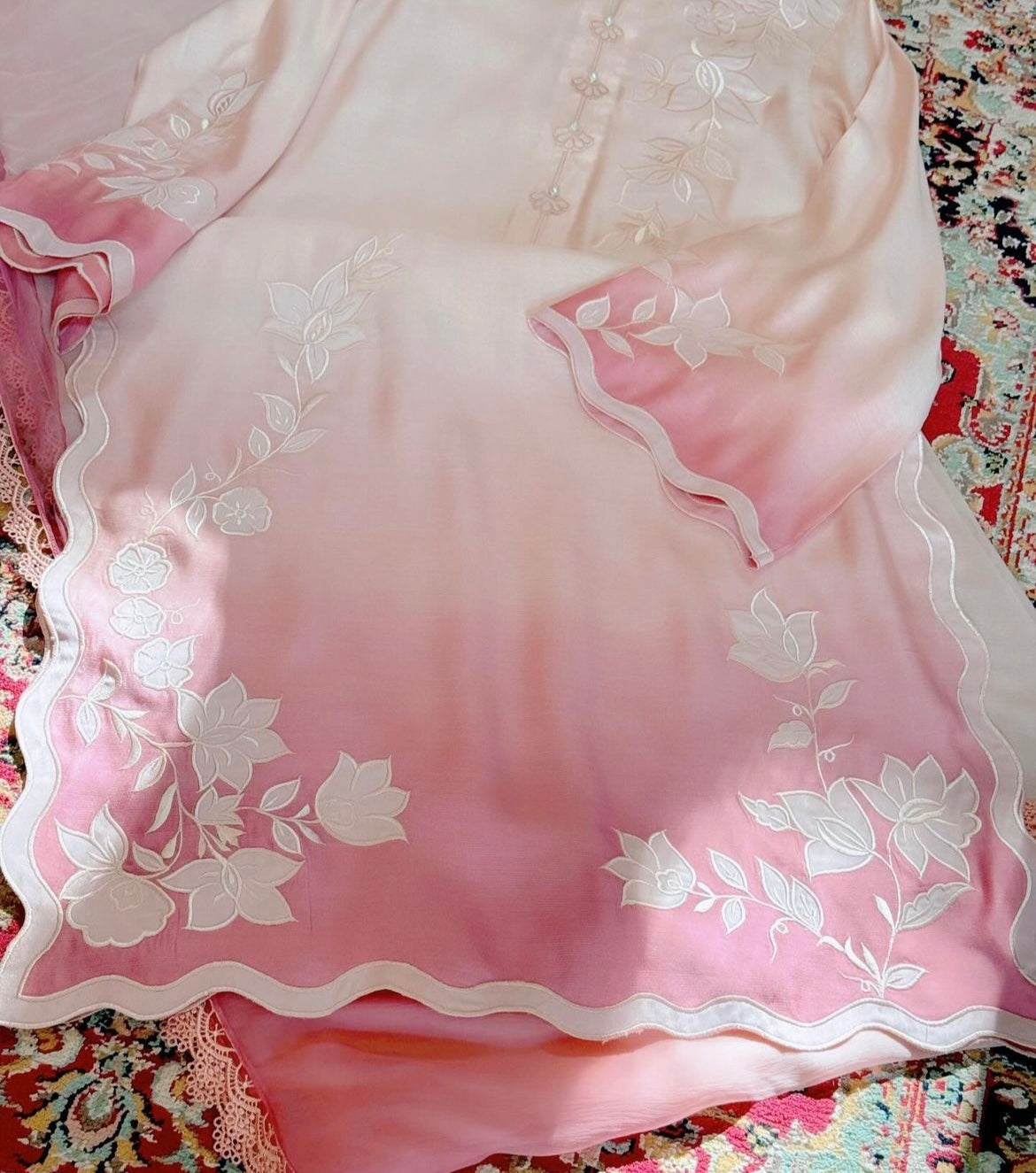 Atharva Heritage “Ombre Pink Pure Silk Organza Hand Appliqué Suit – Custom Tailored up to 9XL” OSO001