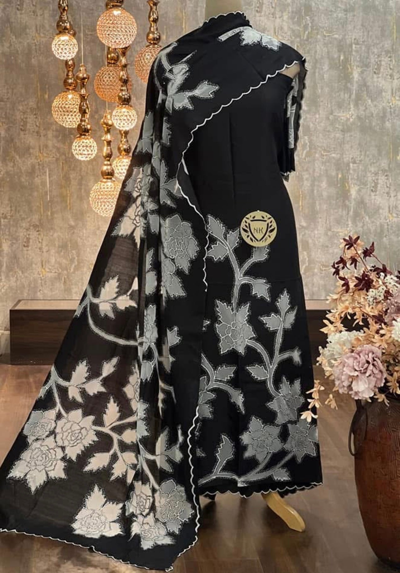 ATHARVA Hand Applique /Cutwork Embroidery Salwar Kameez/pure Mul Chanderi Shirt & Dupatta/Santoon Bottom/Custom Stitch Unstitch/Plazo/Pant/ CUT8050 Black