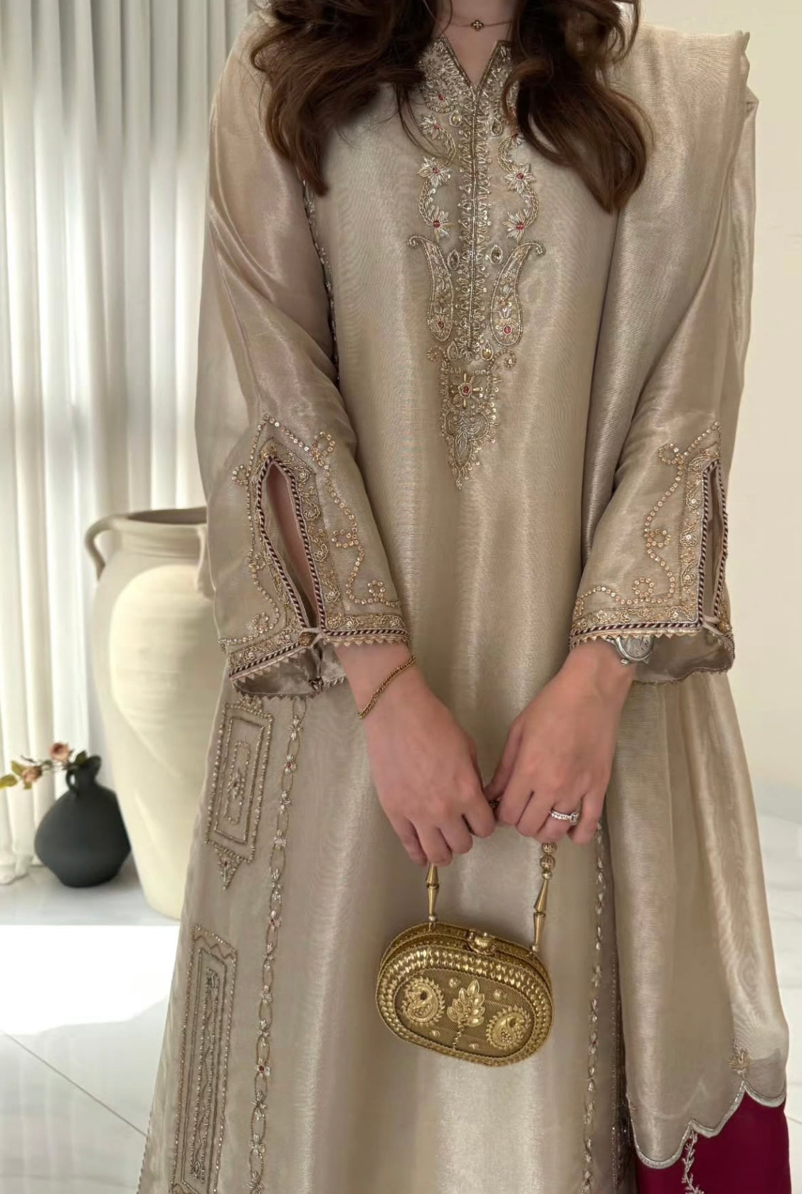 Pure Handwoven 80g Tissue Silk Pakistani Suit – Water Gold Elegance (Custom Stitched & Unstitched)
