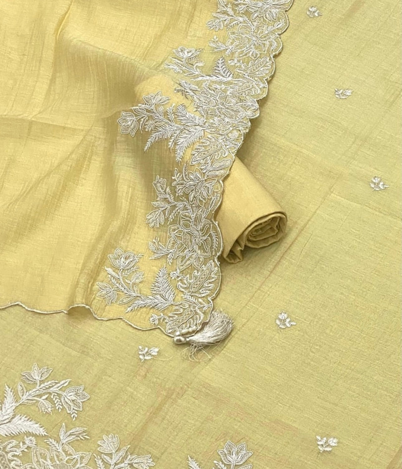 PURE MUL CHANDERI kurta AND Dupatta Thread Embroidered UNSTITCHED SUIT CH54240Y Yellow