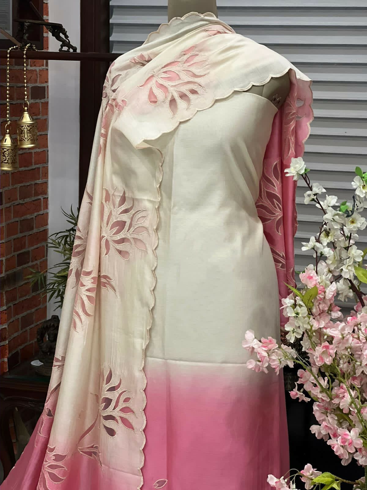 ATHARVA Appliqué Salwar Kameez/Chanderi Ombré Hand Cut-Work Shirt & Dupatta/Santoon Bottom/Custom Stitch Unstitch/Plazo/Pant/CUT8137 Ivory n pink