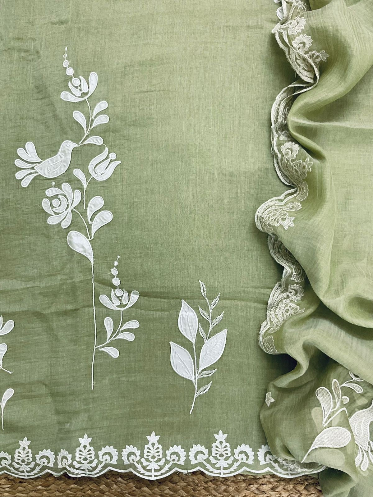 Atharva Heritage/Pure Mul Chanderi Shirt & Dupatta/French Thread Embroidery With Hand Applique /Cotton Silk Bottom/CUT80371 Green