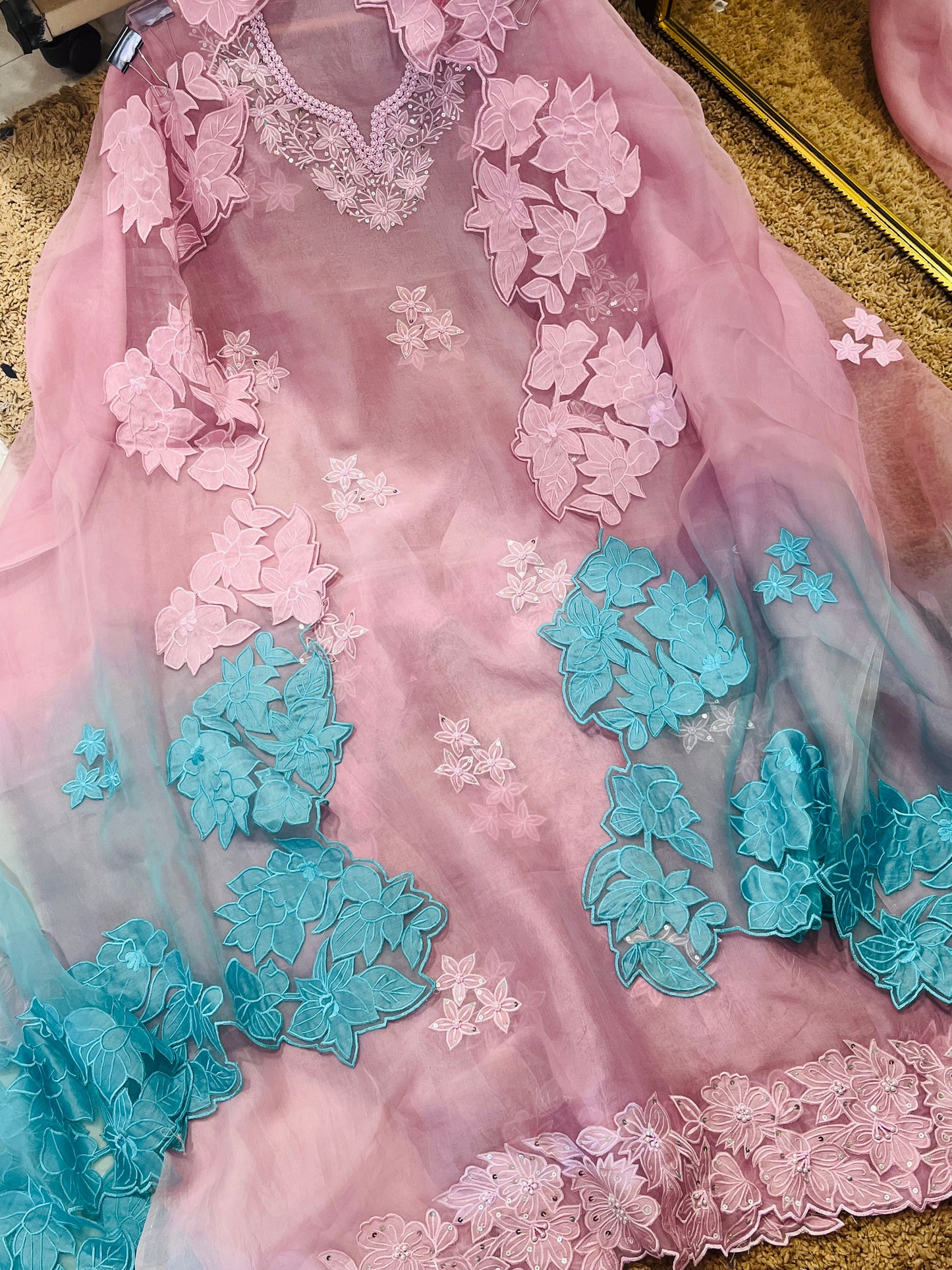 Sheer Luxury Pakistani Appliqué Suit PL0015LT Lavender with Turquoise