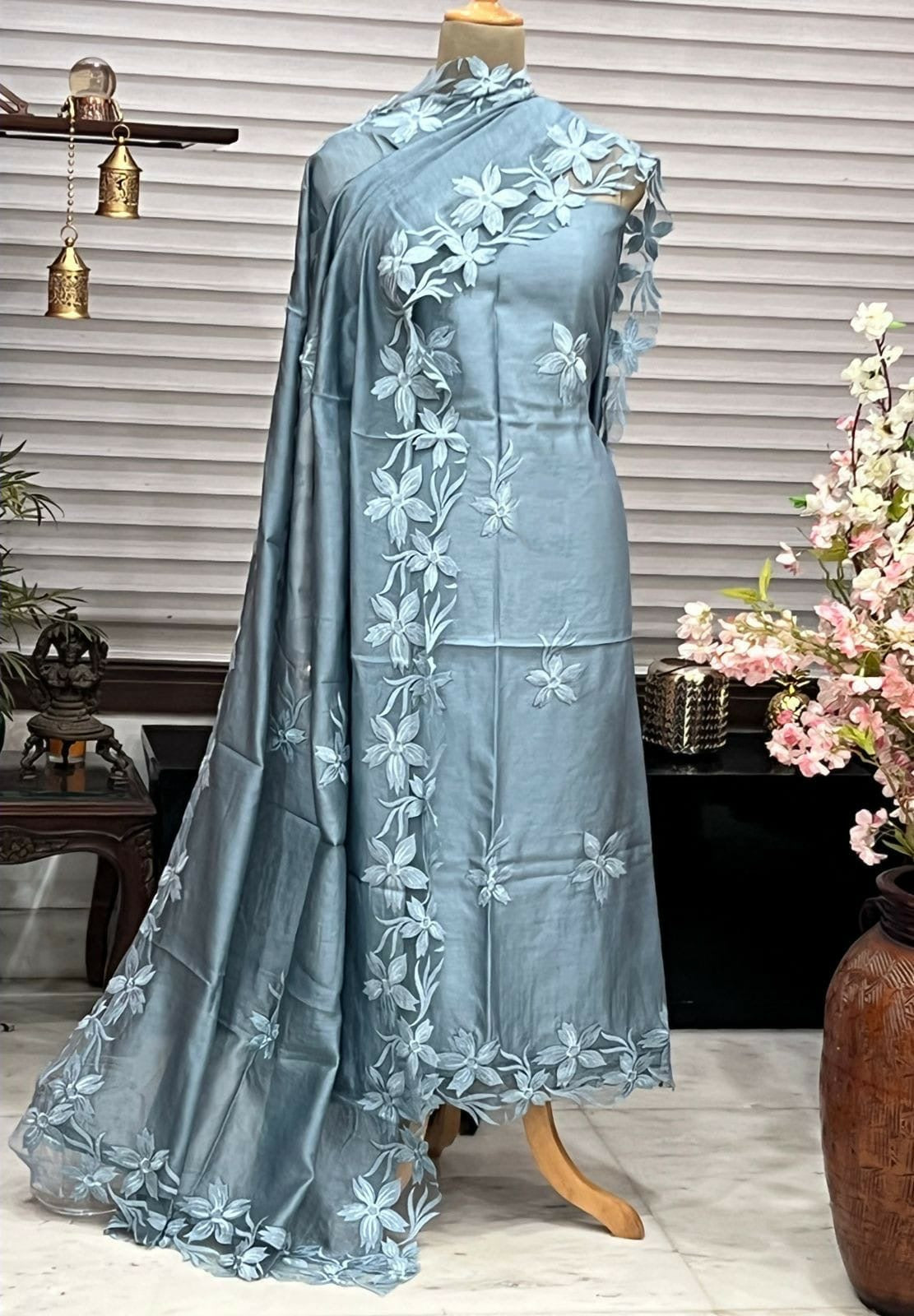 ATHARVA Hand Embroidery Salwar Kameez/Chanderi Appliqué -Work Shirt & Dupatta/Santoon Bottom/Custom Stitch Unstitch/Plazo/Pant/CUT8030