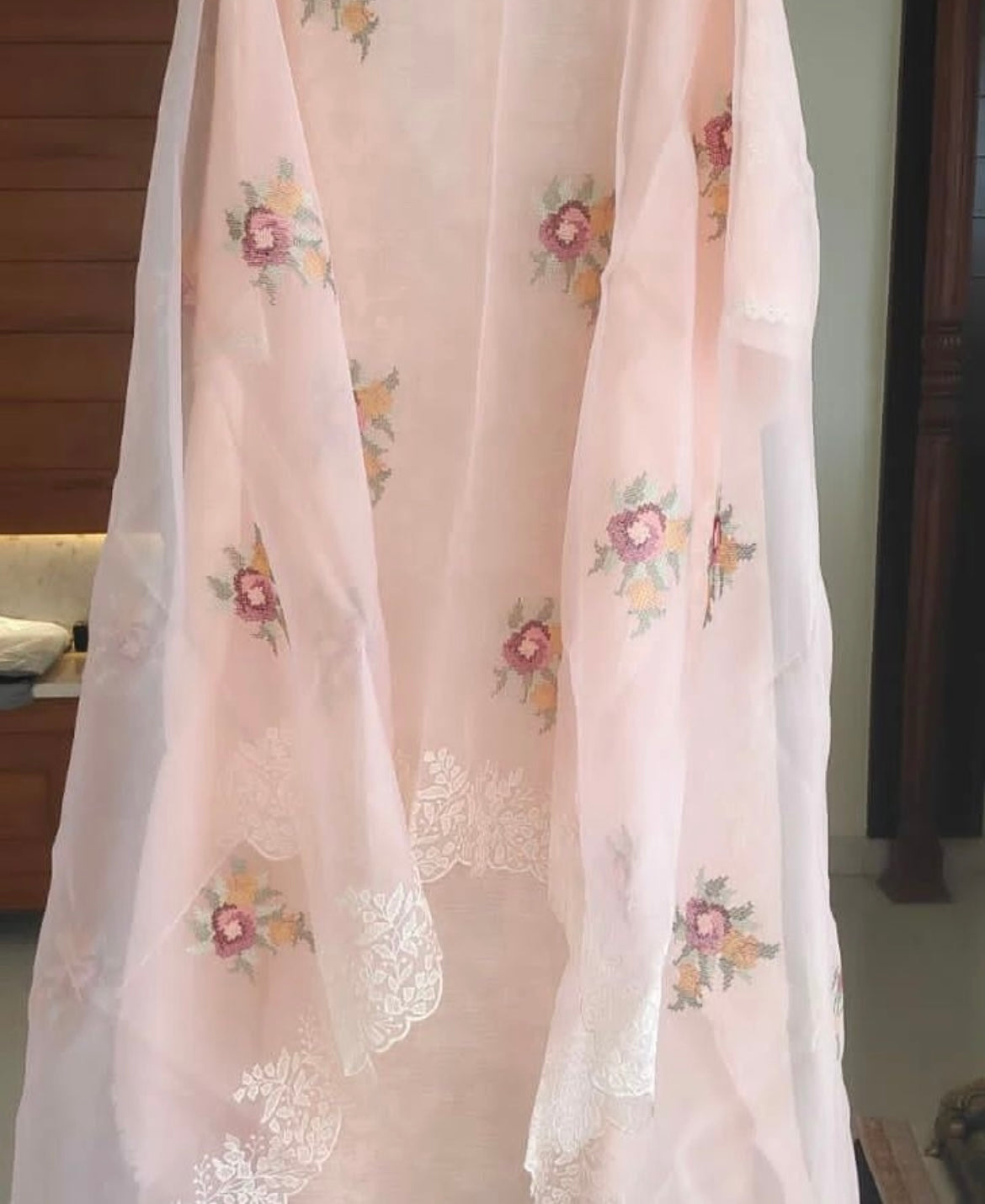 Atharva Embroidered Cotton Kota Salwar Kameez/Embroidery Pure Silk organza Dupatta/Cotton kota Embroidery Shirt Pink/Cotton Chikankari Bottom- KK002