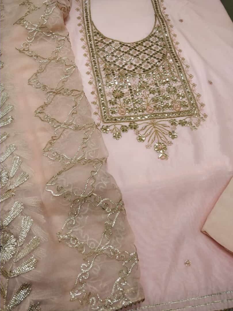 ATHARVA Hand Embroidery Salwar Kameez /Chiffon Dupatta With Stunning Gota & Trim/Custom Stitch Unstitch/Gift/Patiala/Anarkali/Churridar/CH17321 Peach