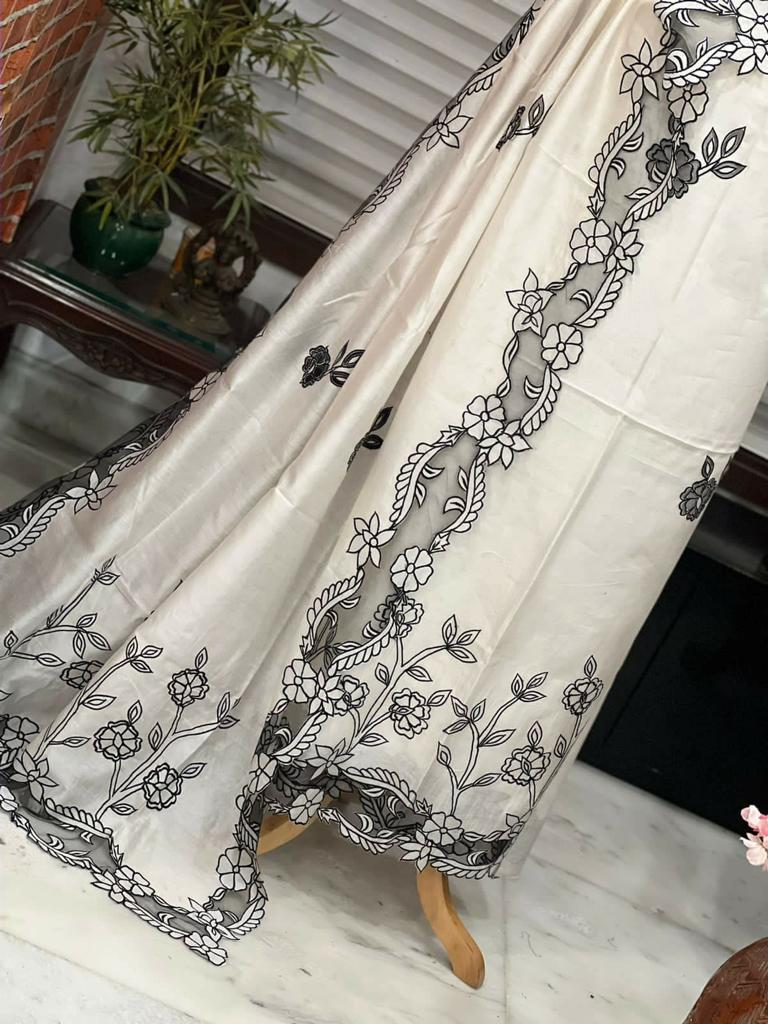 ATHARVA Hand Applique /Cutwork Embroidery Salwar Kameez/pure Chanderi Silk Shirt & Dupatta/Santoon Bottom/Custom Stitch Unstitch/Plazo/Pant/ CUT8067 White and Black