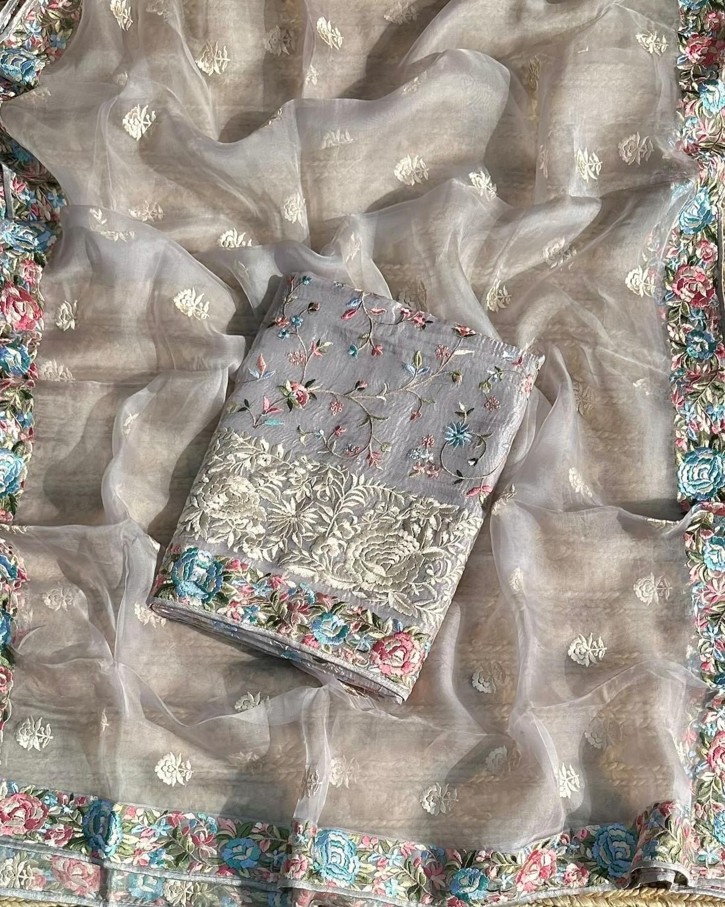 Atharva Heritage/SHEER LUXURY PARSI GARA REGAL PEACOCK MOTIFS SHEER0066I Ivory