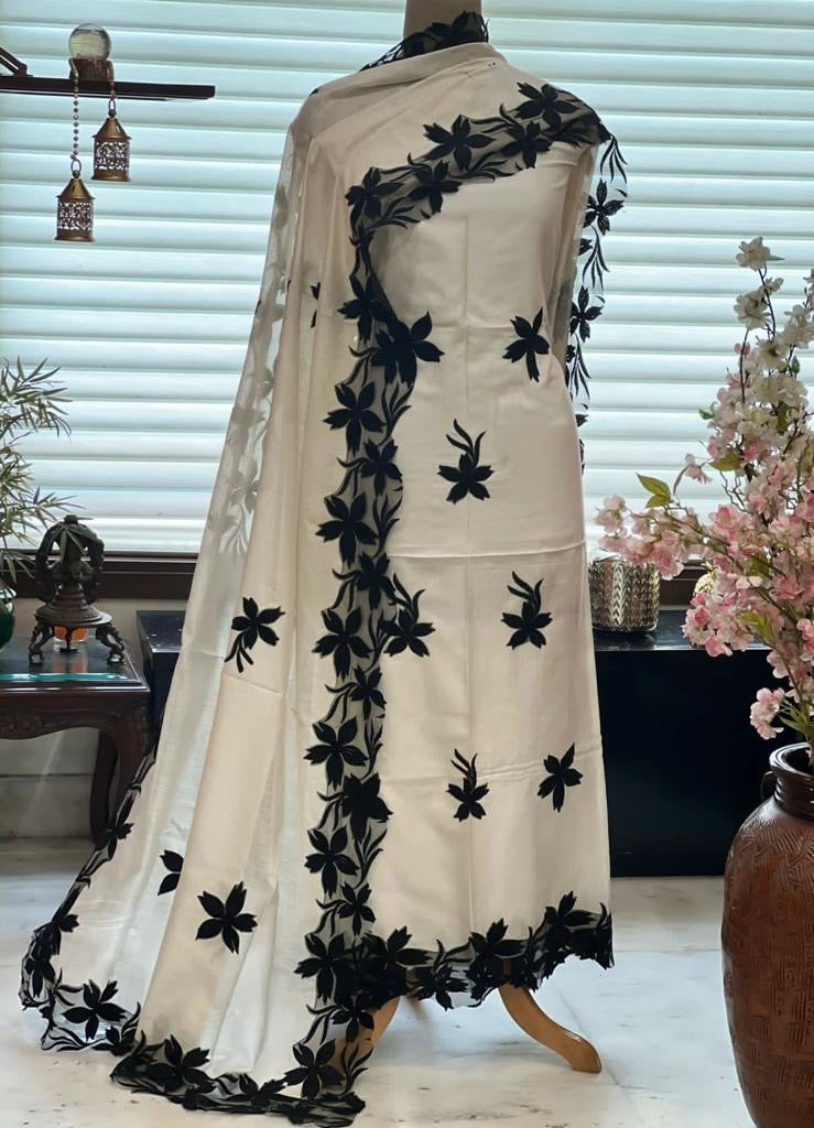 ATHARVA Hand Embroidery Salwar Kameez/Chanderi Appliqué -Work Shirt & Dupatta/Santoon Bottom/Custom Stitch Unstitch/Plazo/Pant/CUT8030