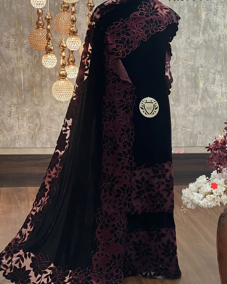ATHARVA Applique Embroidery Salwar Kameeiz/Velvet Cut-Work Shirt & Dupatta/Velvet Bottom/Custom Stitch Unstitch/Plazo/Pant/VC8130