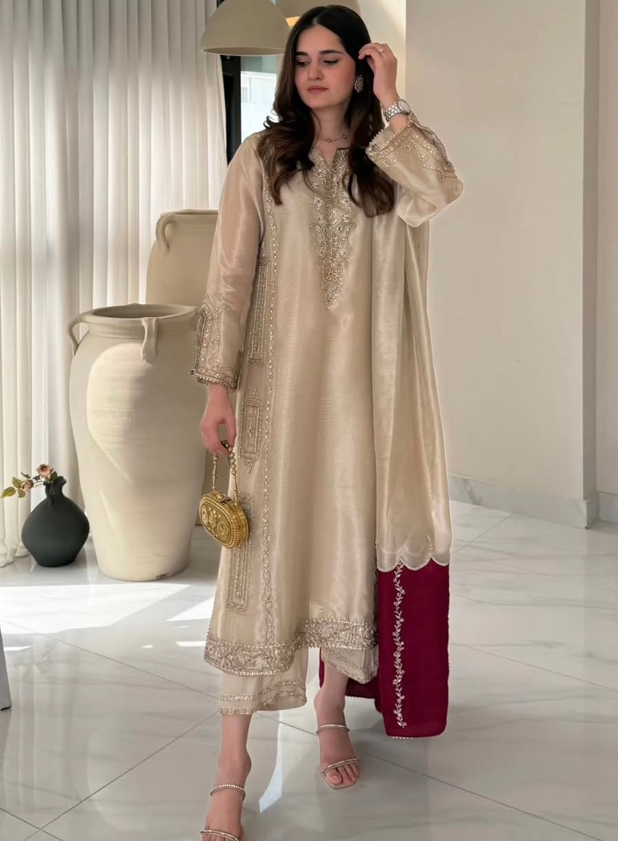 Pure Handwoven 80g Tissue Silk Pakistani Suit – Water Gold Elegance (Custom Stitched & Unstitched)