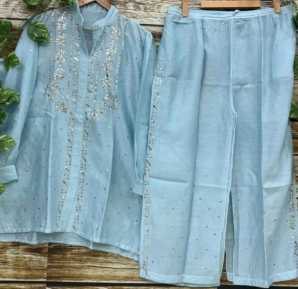 Atharva Heritage /Semi Stitched Co-ord Set/ Pure Handloom Chanderi Silk 70 Grams / Hand Embroidered Mukaish Badla Work CHM001