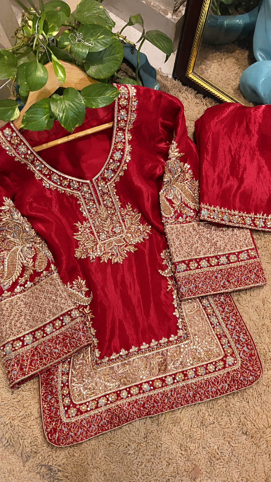 Atharva Heritage ✨Kerwachauth Special – Pure SATIN organza 80 Grams Zardozi Ensemble Front Embroidery 3 Pc ✨ PTSTHZ567