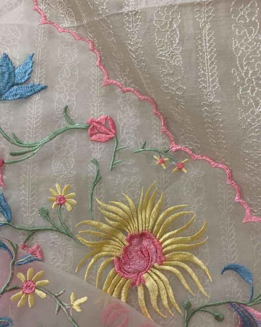 PURE CHANDERI Silk 70 Grams kurta /Pure Silk Organza Dupatta PARSI GARA UNSTITCHED SUIT CH54230