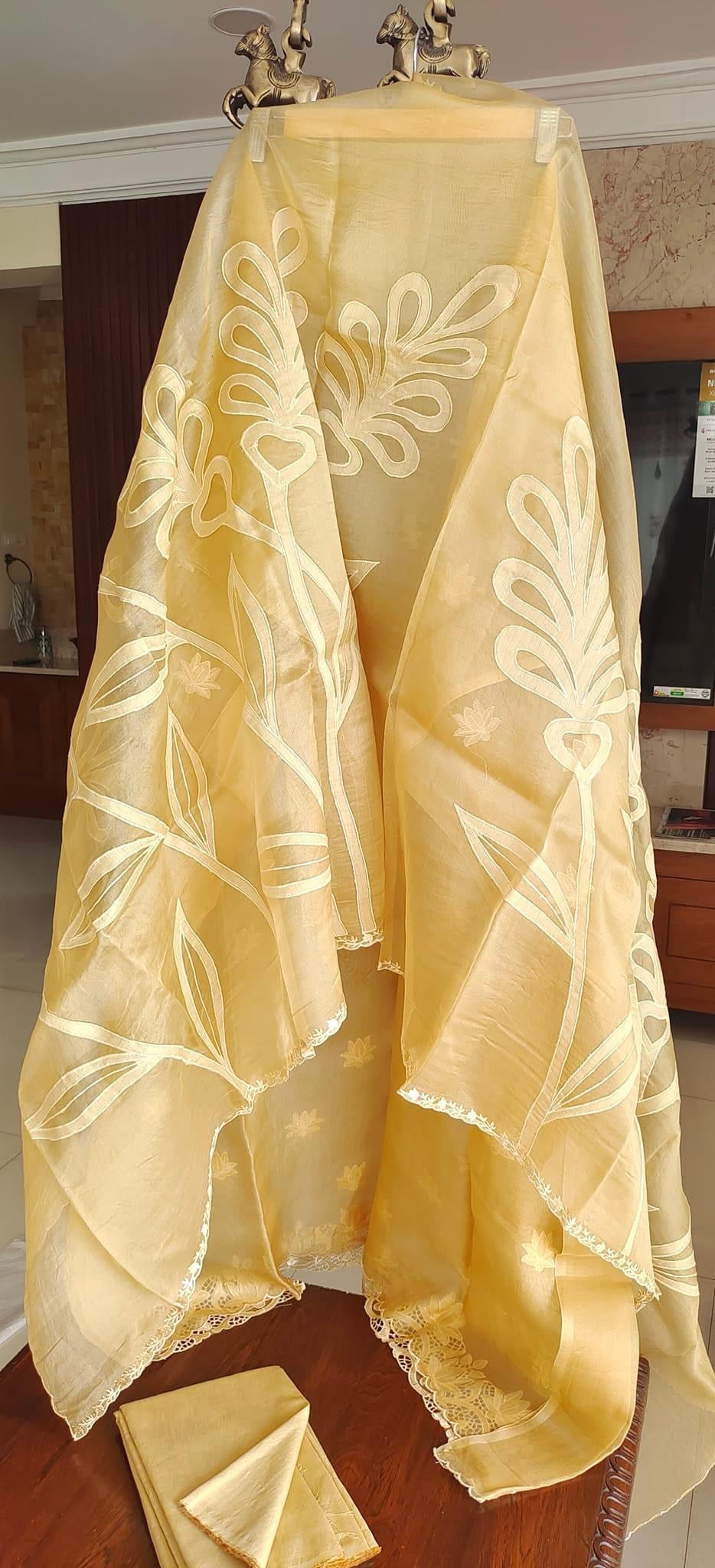 ATHARVA HERITAGE/ SHEER LUXURY PURE SILK ORGANZA APPLIQUE SUIT SHEER0011YELLOW