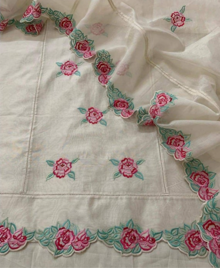 PURE MUL CHANDERI kurta AND Dupatta PARSI GARA UNSTITCHED SUIT CH54238 Ivory