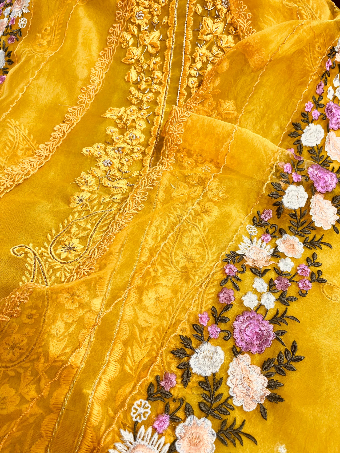 SHEER LUXURY PURE SILK ORGANZA Suit Hand Zardozi Embroidery /PARSI Dupatta SHEER0067 Yellow