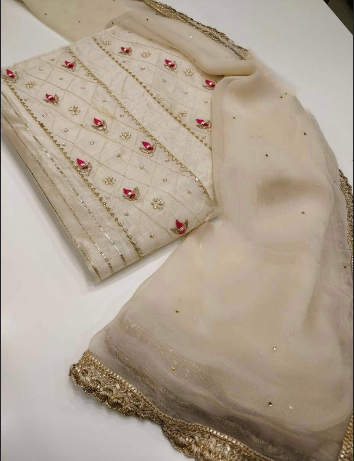 ATHARVA Hand Embroidery Salwar Kameez Beige/Chiffon Dupatta With Stone & Trim/Custom Stitch Unstitch/Gift/Patiala/Anarkali/Churridar/CH1731