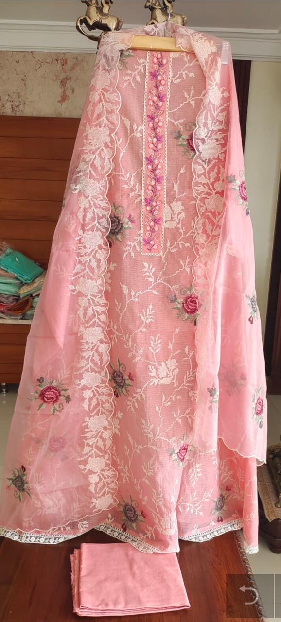 Atharva Embroidered Cotton Kota Salwar Kameez/Embroidery organza Dupatta/Cotton kota Embroidery Shirt Pink/Cotton Chikankari Bottom- KK00213